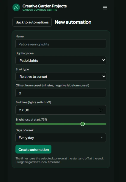 Garden Control Centre automation setup screen