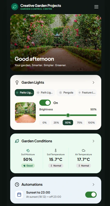 Garden Control Centre home screen with lighting controls and garden conditions